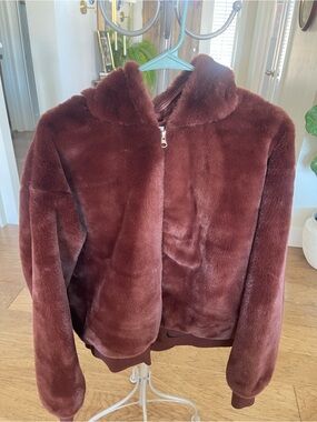 Nike Women’s Faux Plush Fur and Lined Jacket in Rust Brown